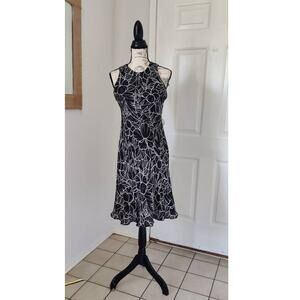 Ralph Lauren 100% Silk Midi Dress Leaf Floral Printed Sz S Black & White Halter